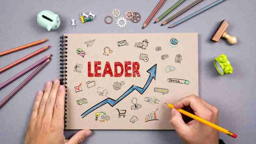 Sketchbook open with the word Leader sketched on the page, pencils around the outside
