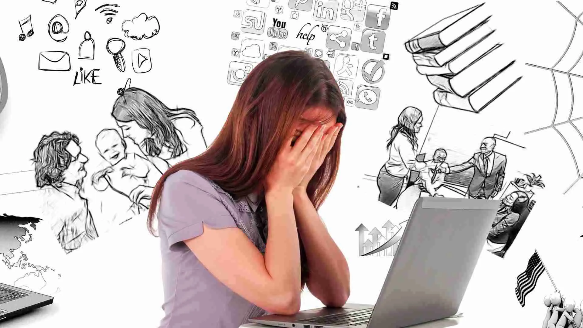 Female entrepreneur feeling entrepreneurial burnout in front of laptop with head in hands